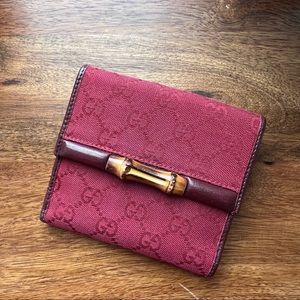 Gucci red monogram canvas bamboo wallet